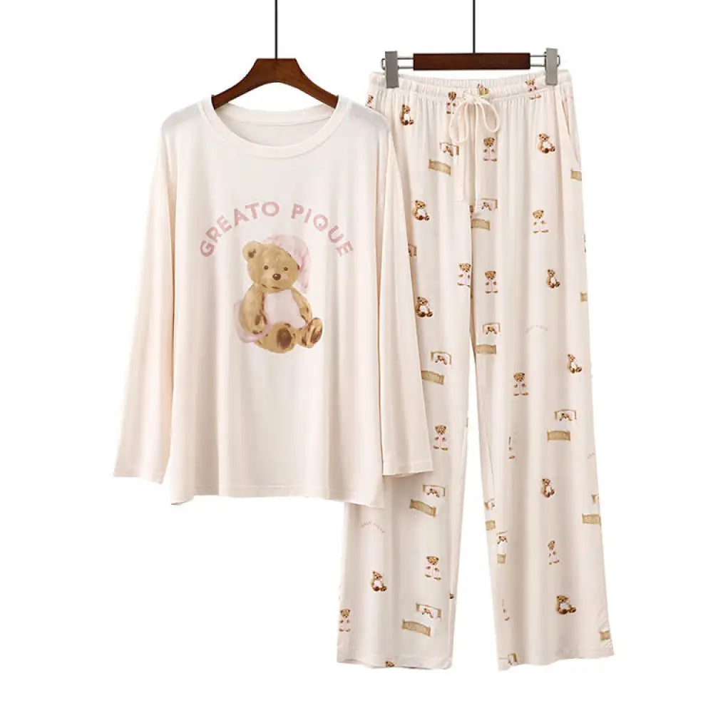 売り切れ御免！大人気アイテム パジャマ レディース モダール 夏 半袖 長ズボン 薄手 カジュアル 丸首 キャップ付き クマ プリント ID470 ベージュ/長袖＋長ズボン / フリー レディース＞セットアップ