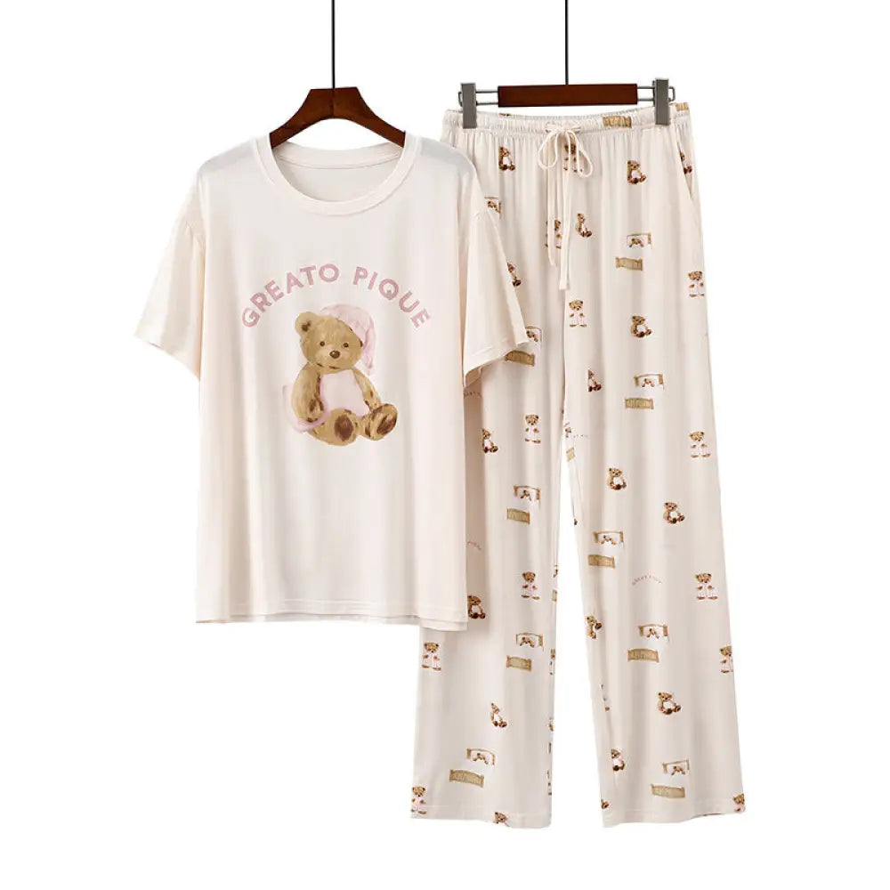 ID470 パジャマ レディース モダール 夏 半袖 長ズボン 薄手 カジュアル 丸首 キャップ付き クマ プリント ベージュ / フリー レディース＞セットアップ