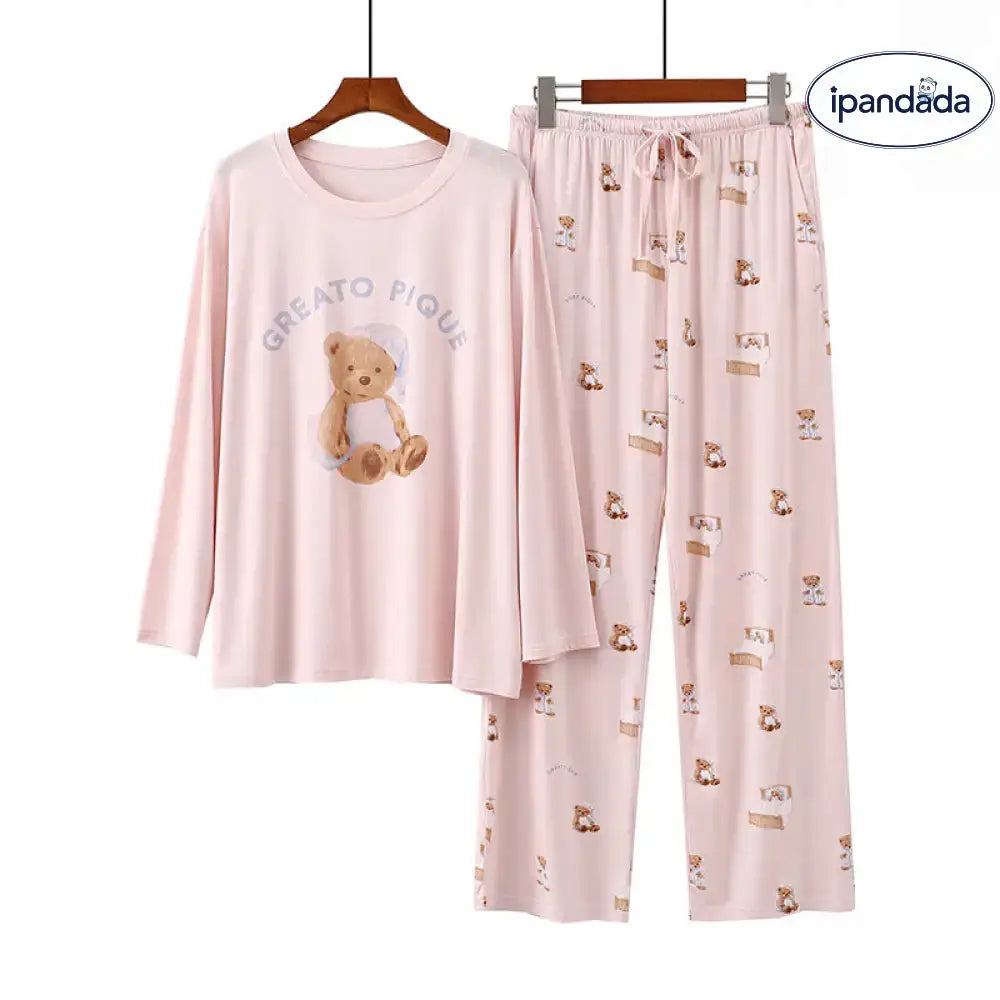 売り切れ御免！大人気アイテム パジャマ レディース モダール 夏 半袖 長ズボン 薄手 カジュアル 丸首 キャップ付き クマ プリント ID470 ピンク（長袖×長ズボン） / フリー レディース＞セットアップ