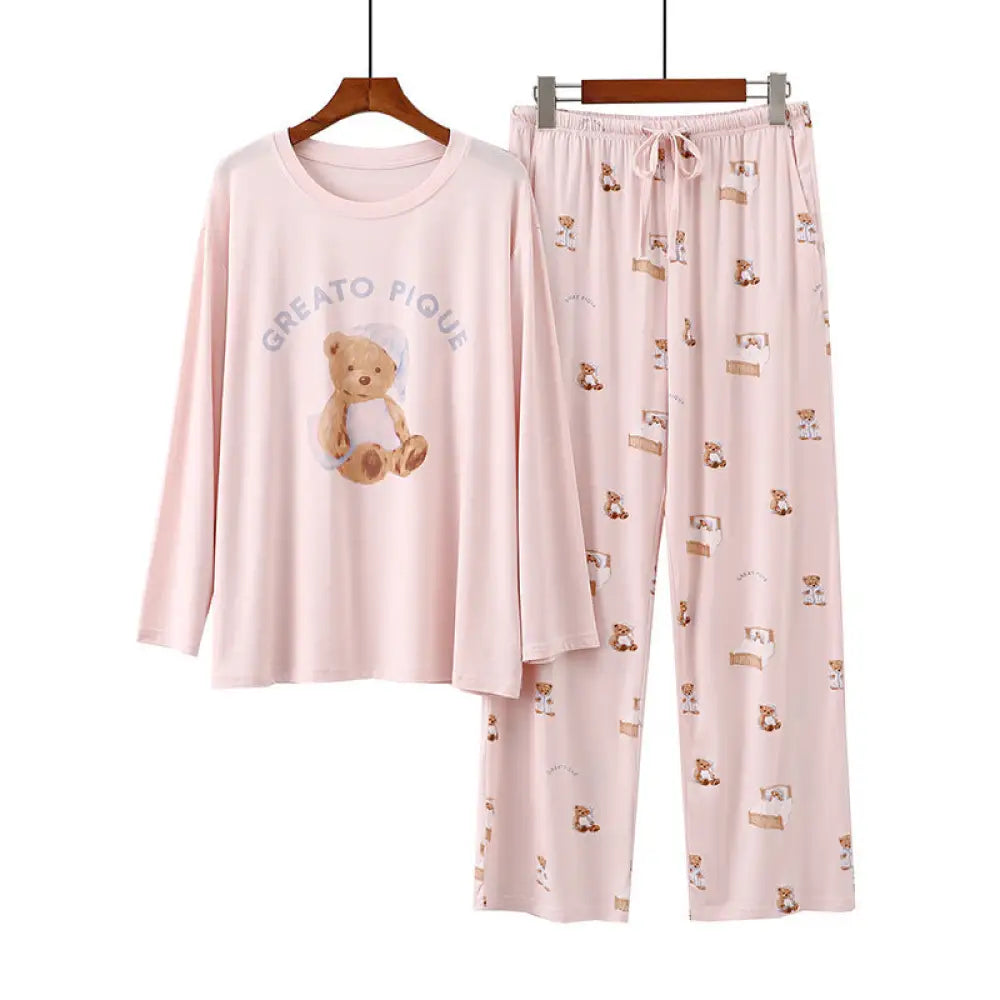 売り切れ御免！大人気アイテム パジャマ レディース モダール 夏 半袖 長ズボン 薄手 カジュアル 丸首 キャップ付き クマ プリント ID470 ピンク/長袖+長ズボン / フリー レディース＞セットアップ
