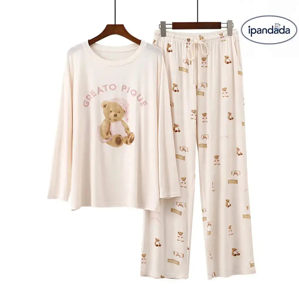売り切れ御免！大人気アイテム パジャマ レディース モダール 夏 半袖 長ズボン 薄手 カジュアル 丸首 キャップ付き クマ プリント ID470 ベージュ（長袖×長ズボン） / フリー レディース＞セットアップ