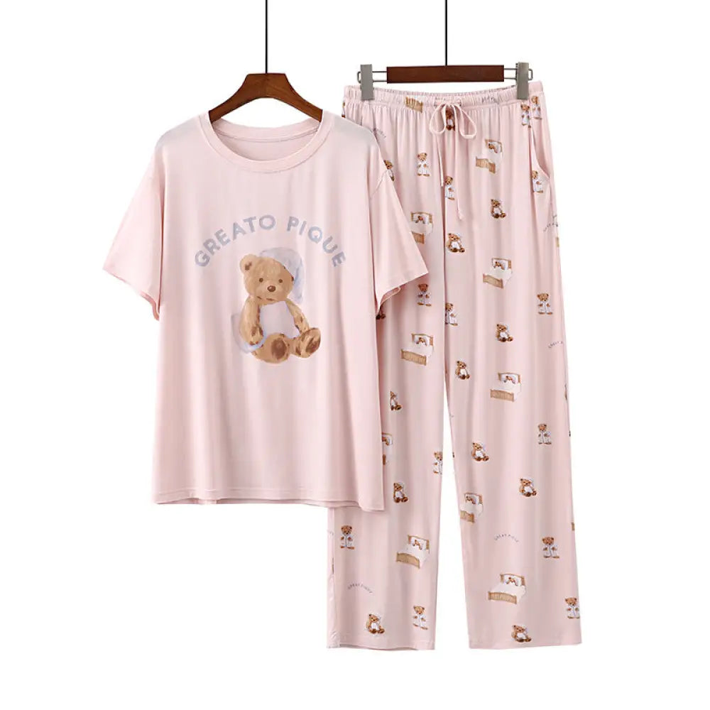 ID470 パジャマ レディース モダール 夏 半袖 長ズボン 薄手 カジュアル 丸首 キャップ付き クマ プリント ピンク / フリー レディース＞セットアップ