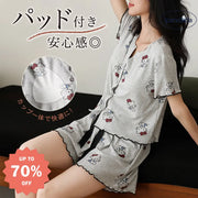 ID890 買うほどお得 パジャマ レディース 夏用 モダール カラー綿 リブ編み ブラ付き ハローキティ プリント カーディガン 半袖 ショートパンツ セット ホームウェア ルームウェア 部屋着 レディース>セットアップ