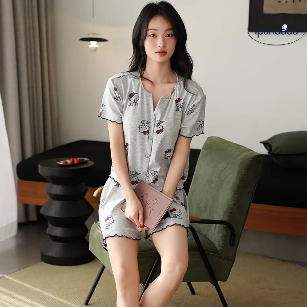 ID890 パジャマ レディース 夏用 モダール カラー綿 リブ編み ブラ付き ハローキティ プリント カーディガン 半袖 ショートパンツ セット ホームウェア ルームウェア 部屋着