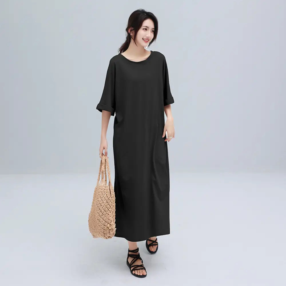 マキシワンピ 半袖 フレンチスリーブ リゾート 黒 大きいサイズ ゆるT 無地T Tワンピ 落ち感 くすみカラー ノースリーブ マキシワンピース ドロップショルダー ビッグT ロングT クルーネック 半端袖 五分袖 肩見せ 細見え