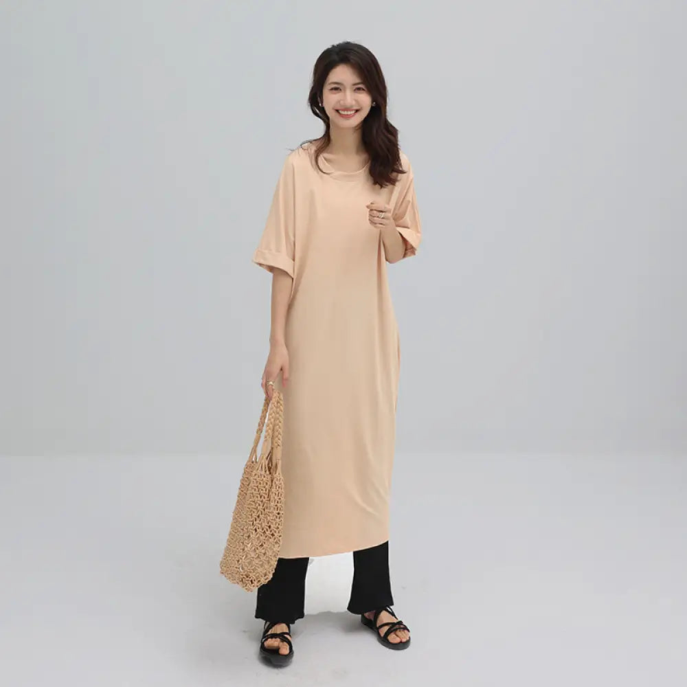 マキシワンピ 半袖 フレンチスリーブ リゾート 黒 大きいサイズ ゆるT 無地T Tワンピ 落ち感 くすみカラー ノースリーブ マキシワンピース ドロップショルダー ビッグT ロングT クルーネック 半端袖 五分袖 肩見せ 細見え