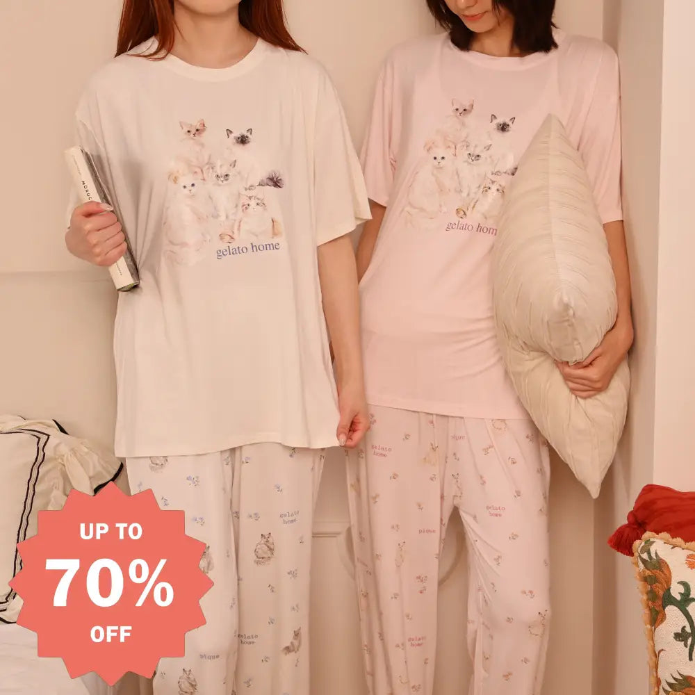 猫柄 半袖 パジャマ 上下セット 2色展開 ルームウェア レディース 部屋着 柔らかい ゆったり ナイトウェア 寝巻き カジュアル 可愛い 春夏用 シンプル ID4753 - レディース＞セットアップ