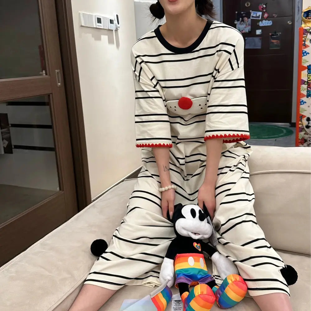 ID1312 【猫柄】かわいいパジャマワンピース 半袖 ゆったりサイズ 部屋着・外出兼用 おしゃれ