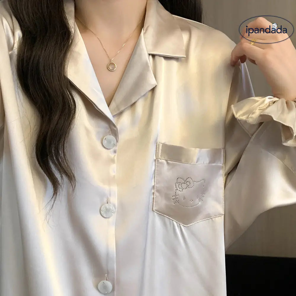 ID434 猫柄 パジャマ レディース シルクに近い 上下セット 女性 セットアップ かわいい 前開き 部屋着 ナイトウェア 大きいサイズ 可愛い 寝巻き おしゃれ ギフト プレゼント 高級 レディース＞セットアップ