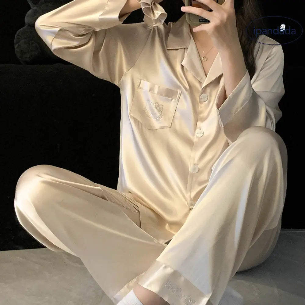 ID434 猫柄 パジャマ レディース シルクに近い 上下セット 女性 セットアップ かわいい 前開き 部屋着 ナイトウェア 大きいサイズ 可愛い 寝巻き おしゃれ ギフト プレゼント 高級 レディース＞セットアップ
