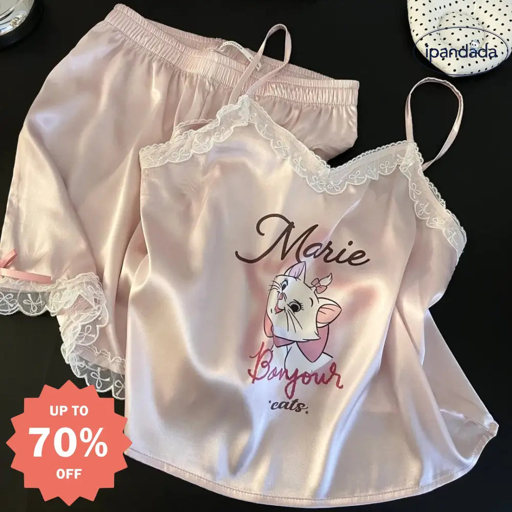 ID617 【先着80名4380⇒2480円】猫柄 レース パジャマ レディース ルームウェア 上下セット キャミソール 半ズボン 夏 夏用 かわいい おしゃれ 涼しい 薄手 薄地 女性 可愛い ギフト ピンク / M