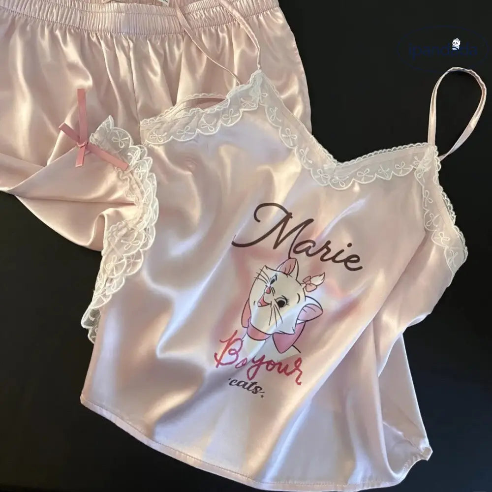 ID617 【先着80名4380⇒2480円】猫柄 レース パジャマ レディース ルームウェア 上下セット キャミソール 半ズボン 夏 夏用 かわいい おしゃれ 涼しい 薄手 薄地 女性 可愛い ギフト レディース＞セットアップ