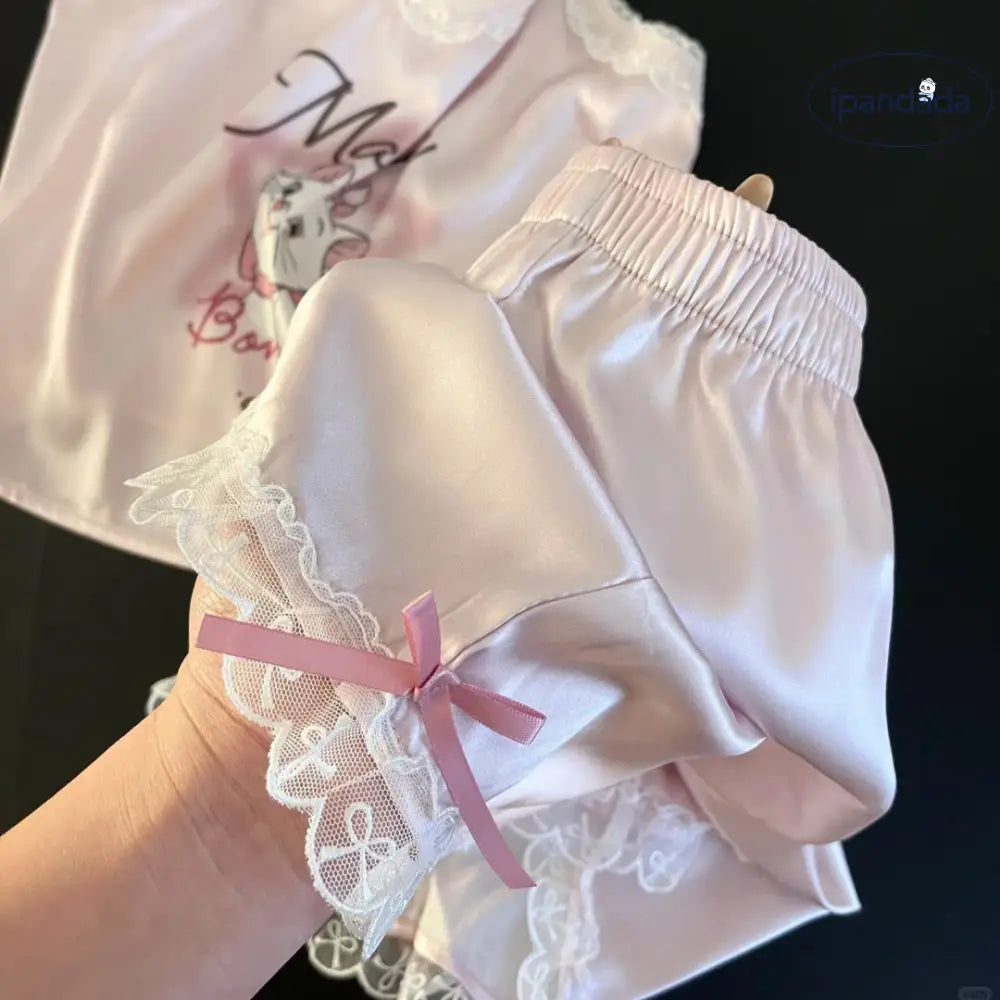 ID617 【先着80名4380⇒2480円】猫柄 レース パジャマ レディース ルームウェア 上下セット キャミソール 半ズボン 夏 夏用 かわいい おしゃれ 涼しい 薄手 薄地 女性 可愛い ギフト レディース＞セットアップ