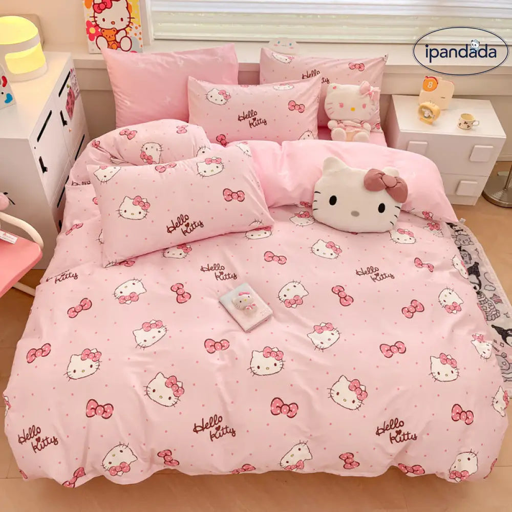 ID706 猫 イラスト 綿100% 寝具 4点セット 学生 向け 春夏 インスタ映え かわいい デザイン ベッドシーツ セット 通気性抜群 洗濯機可 ピンク / 1.5m（掛けカバー200*230 + フラットシーツ230*245