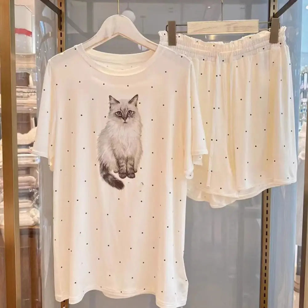 ID636 猫 パジャマセット レディース 春夏 半袖 ショートパンツ 薄手 カジュアル 快適 ルームウェア 外出可 かわいい ホワイト / M レディース＞セットアップ