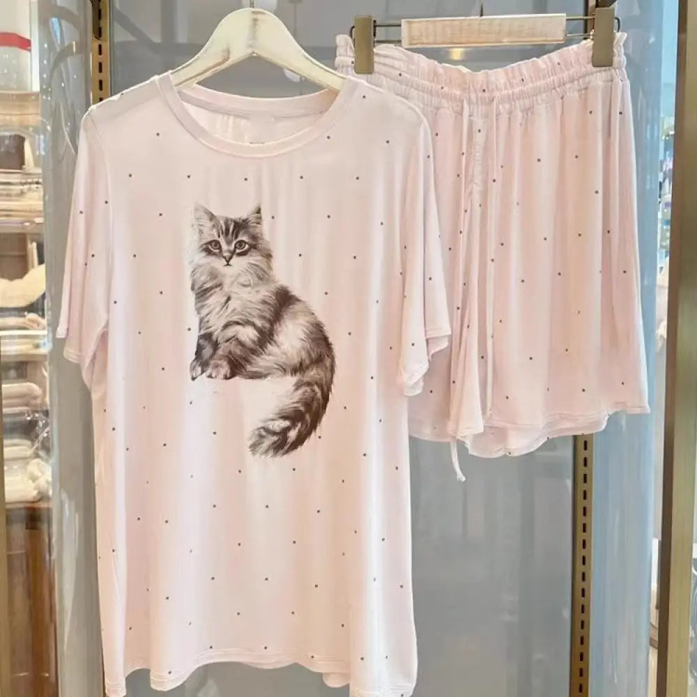 ID636 猫 パジャマセット レディース 春夏 半袖 ショートパンツ 薄手 カジュアル 快適 ルームウェア 外出可 かわいい ピンク / M レディース＞セットアップ