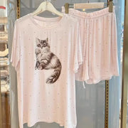 ID636 猫 パジャマセット レディース 春夏 半袖 ショートパンツ 薄手 カジュアル 快適 ルームウェア 外出可 かわいい ピンク / M レディース＞セットアップ