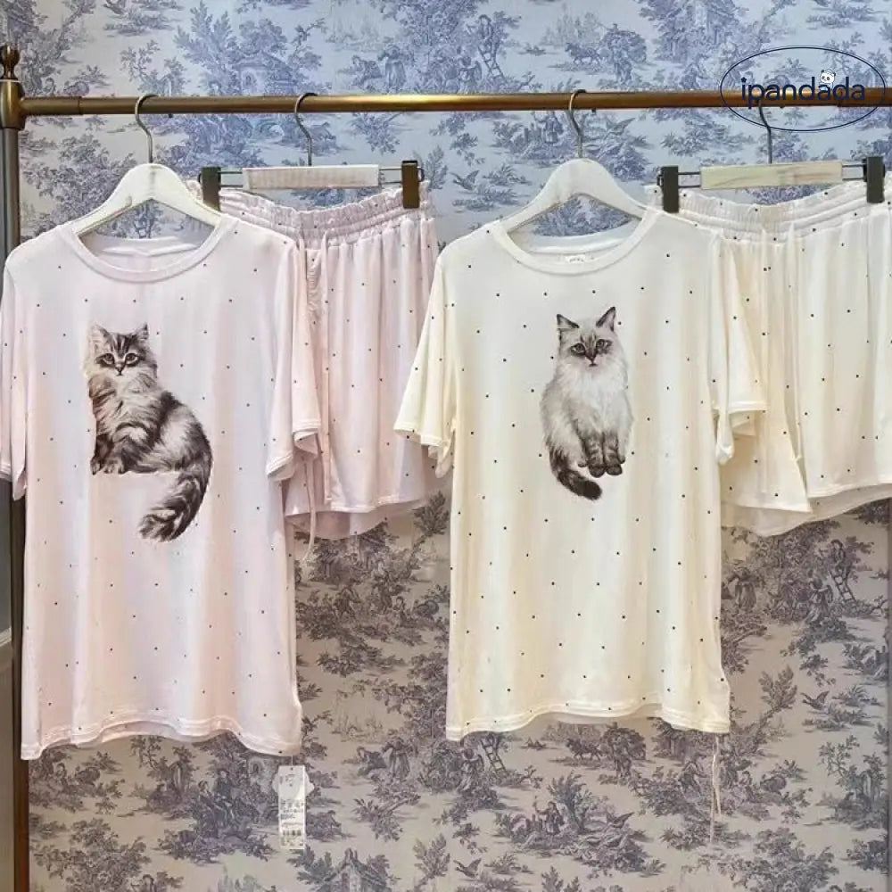 ID636 猫 パジャマセット レディース 春夏 半袖 ショートパンツ 薄手 カジュアル 快適 ルームウェア 外出可 かわいい レディース＞セットアップ