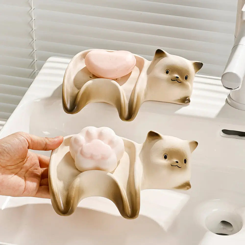 ID1192 猫 シャム猫 石けん受け 陶器 水切り 浴室用 おしゃれ かわいい デザイン 防カビ 滑り止め 抗菌 家庭用 収納 インテリア 北欧風 多機能 省スペース 手作り風 プレミアム 防水 写真通り