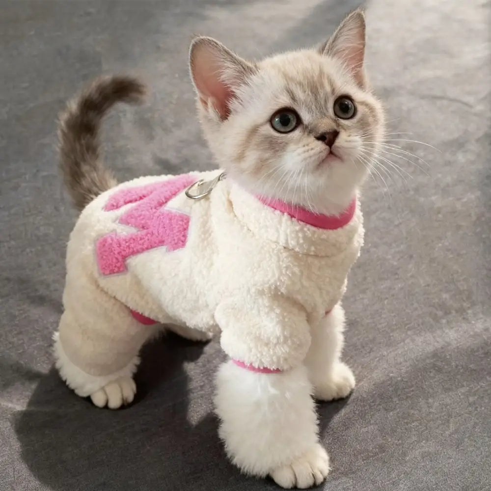 猫用 保温 腹部保護 ボディスーツ 四足 秋冬用 暖かい フリース 猫用ウェア ID3354 アイボリー / S