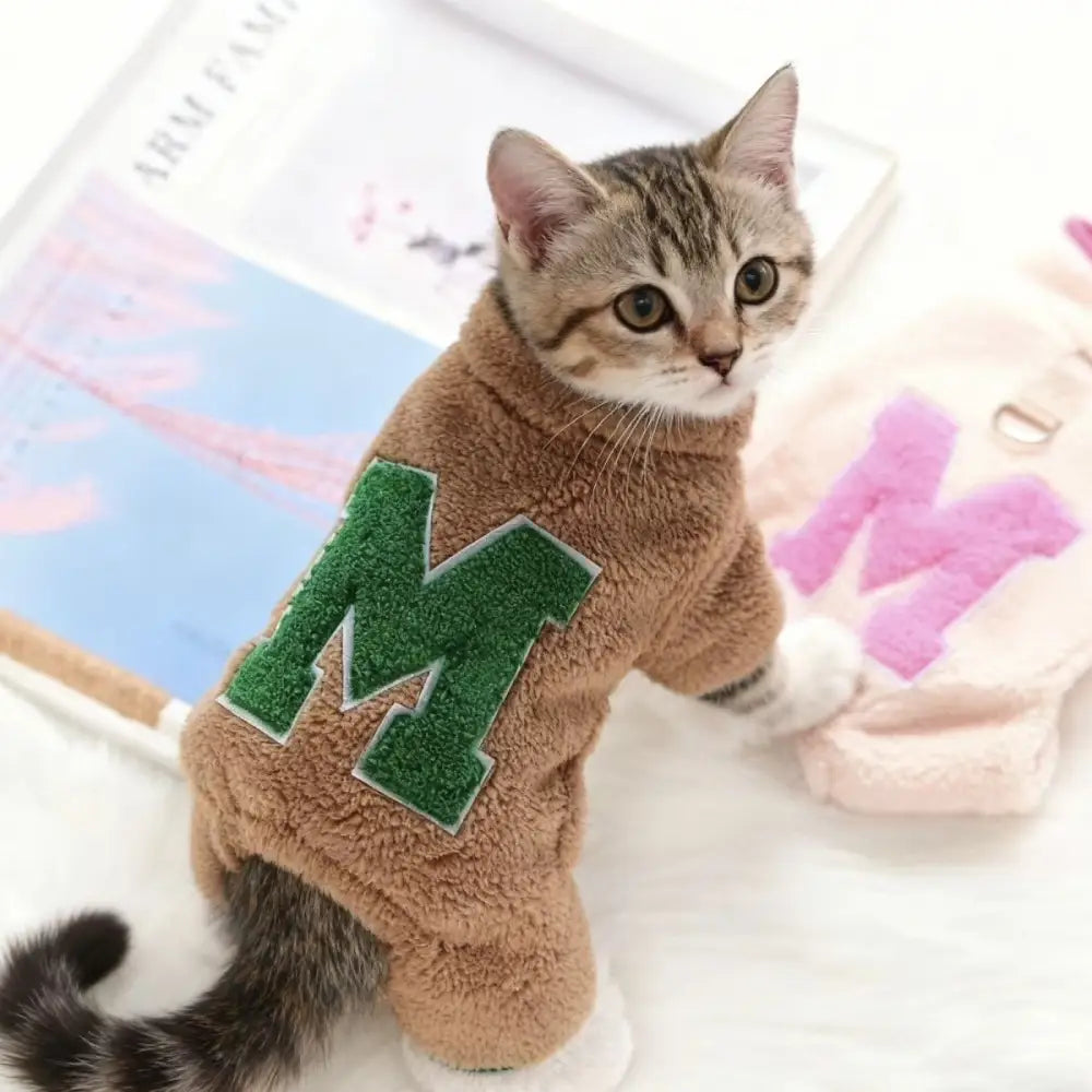 猫用 保温 腹部保護 ボディスーツ 四足 秋冬用 暖かい フリース 猫用ウェア ID3354 ブラウン / S