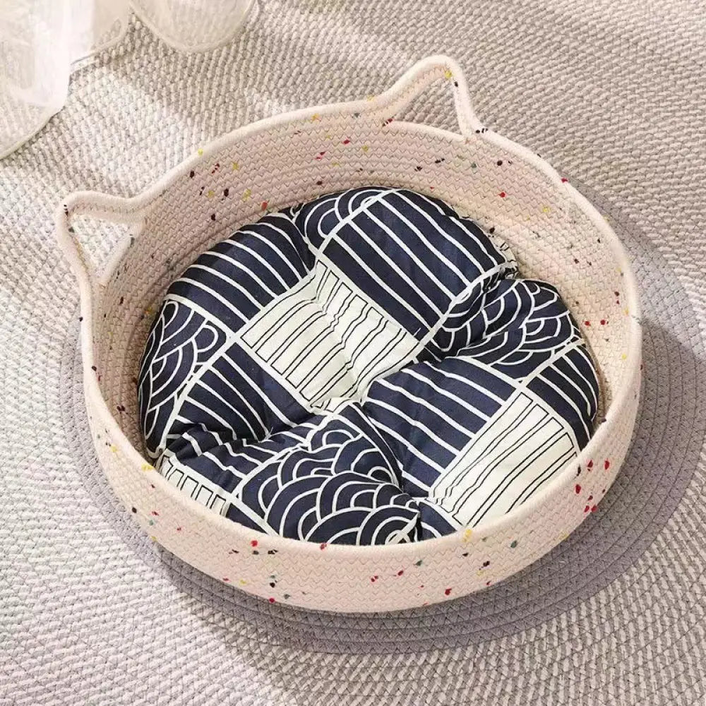 猫用ベッド クールベッド ラタン猫爪研ぎ 四季対応 引っ掻きに強い マット 取り外し可能な編み込み猫ベッド ドッグベッド ID2338 ペットベッド + グレーコットンマット / S 35cm