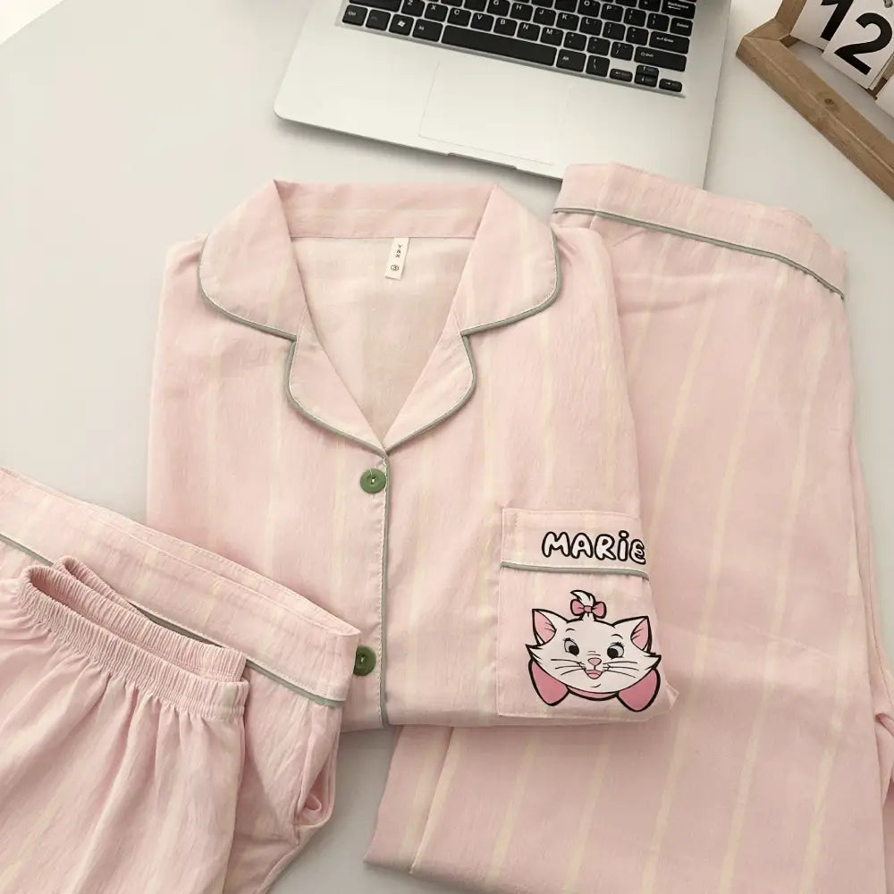 ID683 マリ猫 雲 モチーフ カップル パジャマ レディース 3点セット 夏 高級 綿 ルームウェア おそろい ゆったり インスタ映え 吸汗 速乾 かわいい ピンク/レディース / レディースＭ カップル＞セットアップ