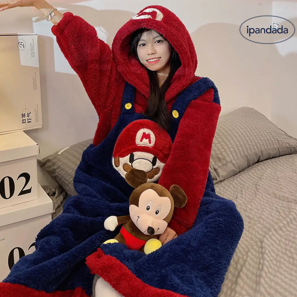 マリオのオールインワンパジャマ 男女兼用 冬用 サンゴフリース カップル 人気 可愛い カートゥーン フランネル ルームウェア 冬用 ID3791