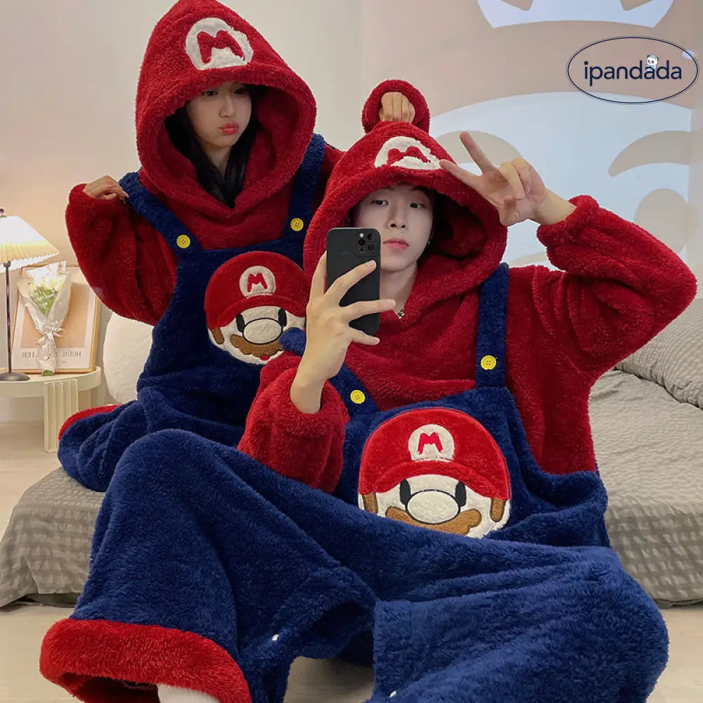 マリオのオールインワンパジャマ 男女兼用 冬用 サンゴフリース カップル 人気 可愛い カートゥーン フランネル ルームウェア 冬用 ID3791