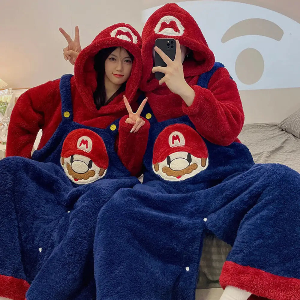 マリオのオールインワンパジャマ 男女兼用 冬用 サンゴフリース カップル 人気 可愛い カートゥーン フランネル ルームウェア 冬用 ID3791 写真通り / M