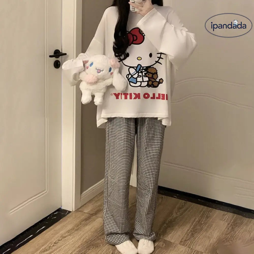 春秋 新作 パジャマ レディース ゆったり ラウンドネック 可愛い キティ猫 ルームウェア シンプル カジュアル 長袖 長パンツ 2点セット ID2262