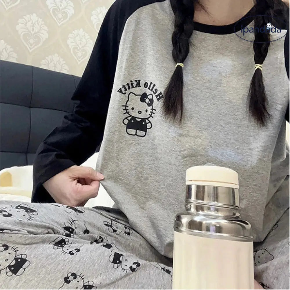 春秋 新作 パジャマ レディース ゆったり ラウンドネック 可愛い キティ猫 ルームウェア シンプル カジュアル 長袖 長パンツ 2点セット ID2262