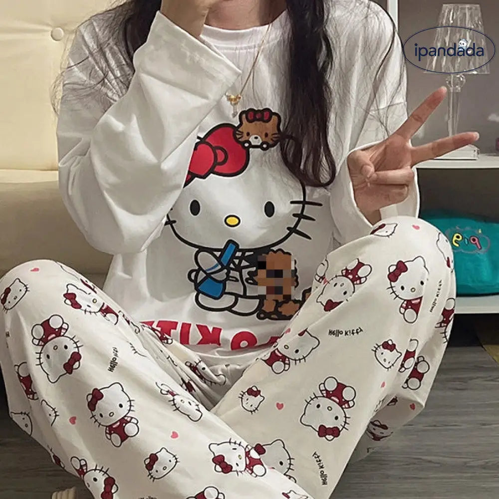 春秋 新作 パジャマ レディース ゆったり ラウンドネック 可愛い キティ猫 ルームウェア シンプル カジュアル 長袖 長パンツ 2点セット ID2262