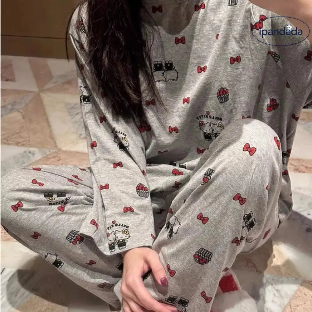 春秋 新作 パジャマ レディース ゆったり ラウンドネック 可愛い キティ猫 ルームウェア シンプル カジュアル 長袖 長パンツ 2点セット ID2262