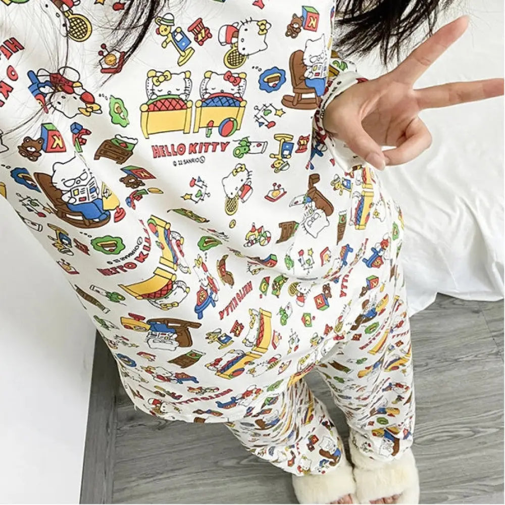 春秋 新作 パジャマ レディース ゆったり ラウンドネック 可愛い キティ猫 ルームウェア シンプル カジュアル 長袖 長パンツ 2点セット ID2262 タイプ③ / M