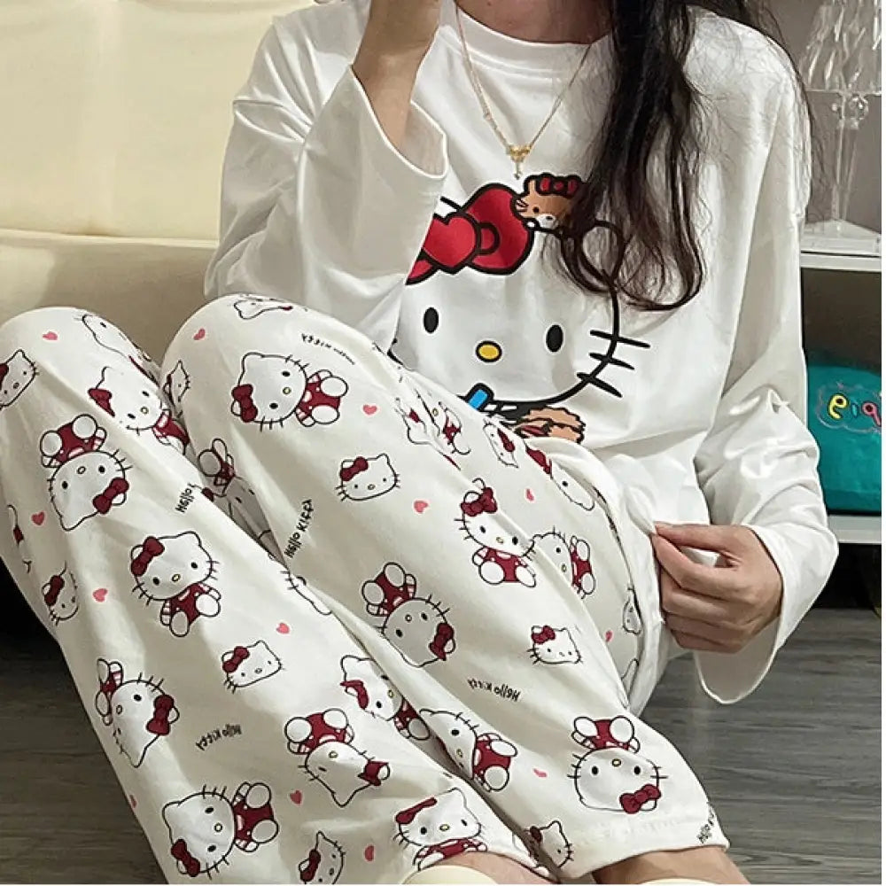 春秋 新作 パジャマ レディース ゆったり ラウンドネック 可愛い キティ猫 ルームウェア シンプル カジュアル 長袖 長パンツ 2点セット ID2262 タイプ① / M