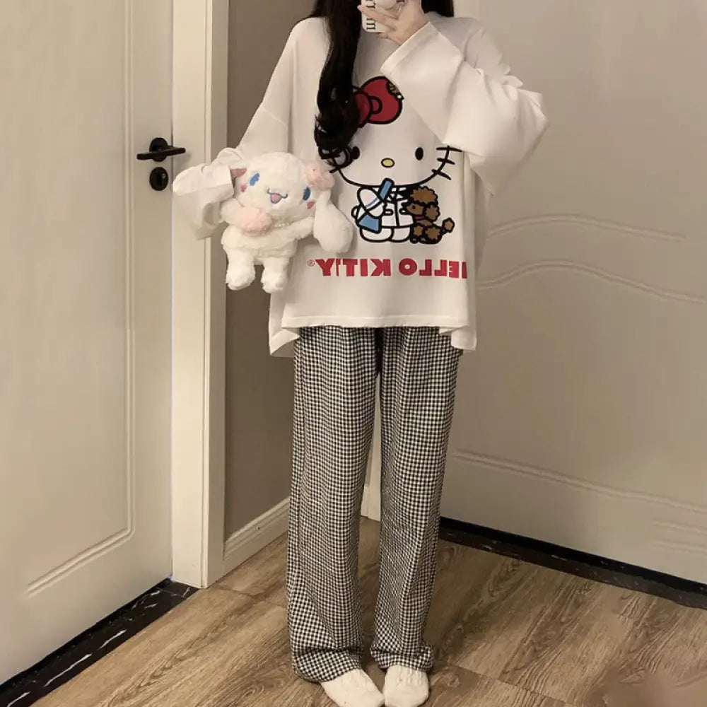 春秋 新作 パジャマ レディース ゆったり ラウンドネック 可愛い キティ猫 ルームウェア シンプル カジュアル 長袖 長パンツ 2点セット ID2262 タイプ② / M