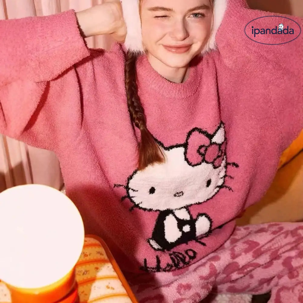 秋冬 ふわふわ パジャマ かわいい KT猫  インスタ 人気 保温 厚手 パジャマ レディース 少女 ラウンドネック 甘い ホームウェア 暖かい 柔らかい 快適 おしゃれ ルームウェア 自宅用 リラックス 着心地 ナチュラル ID2490