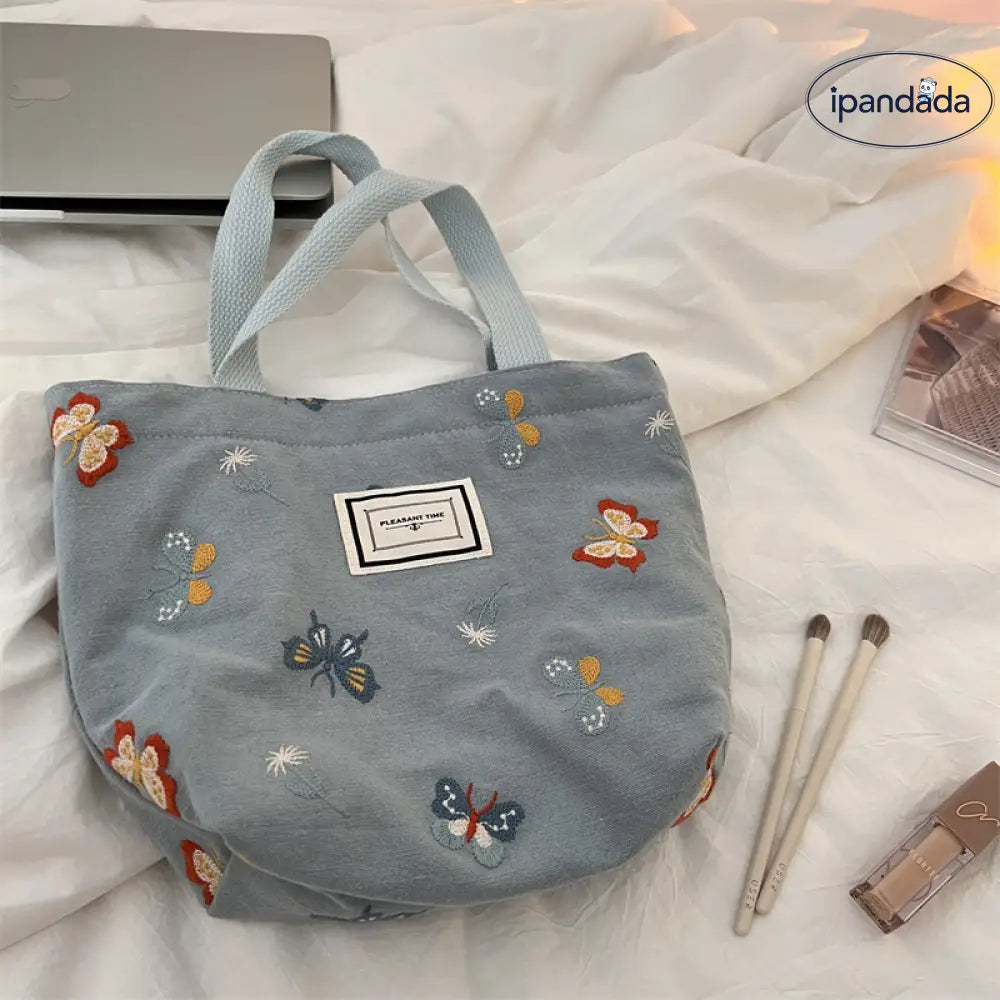 収納バッグ ウサギ メイクポーチ 優しい天青色 精巧な手刺繍 蝶 携帯用 レディース 高級 可愛い 高品質 ID1783