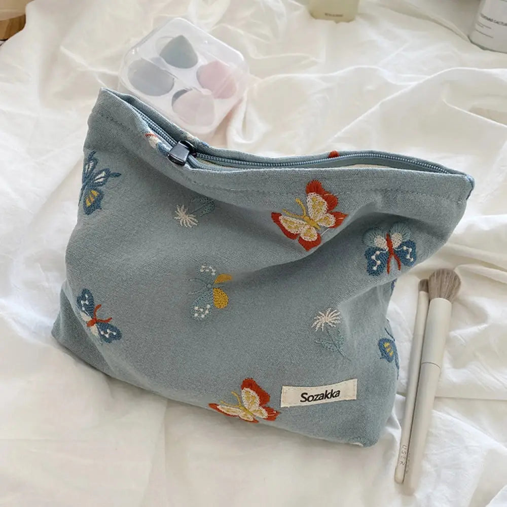 収納バッグ ウサギ メイクポーチ 優しい天青色 精巧な手刺繍 蝶 携帯用 レディース 高級 可愛い 高品質 ID1783