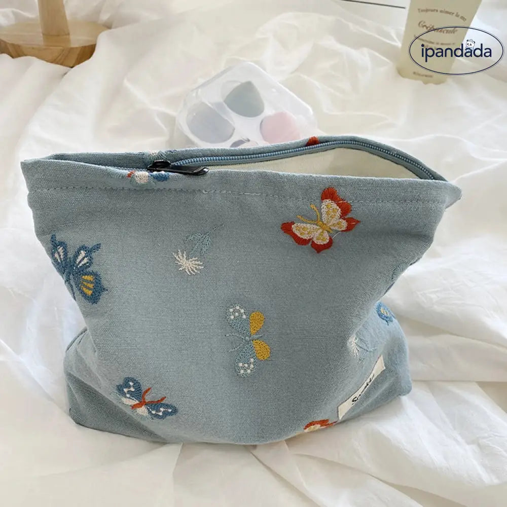収納バッグ ウサギ メイクポーチ 優しい天青色 精巧な手刺繍 蝶 携帯用 レディース 高級 可愛い 高品質 ID1783