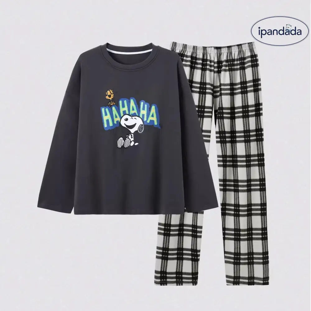 メンズ キャラクター パジャマ セット 春秋 長袖 チェックパンツ クルーネック ルームウェア ティーン ジュニア ゆったり 2点セット 部屋着 ID4187