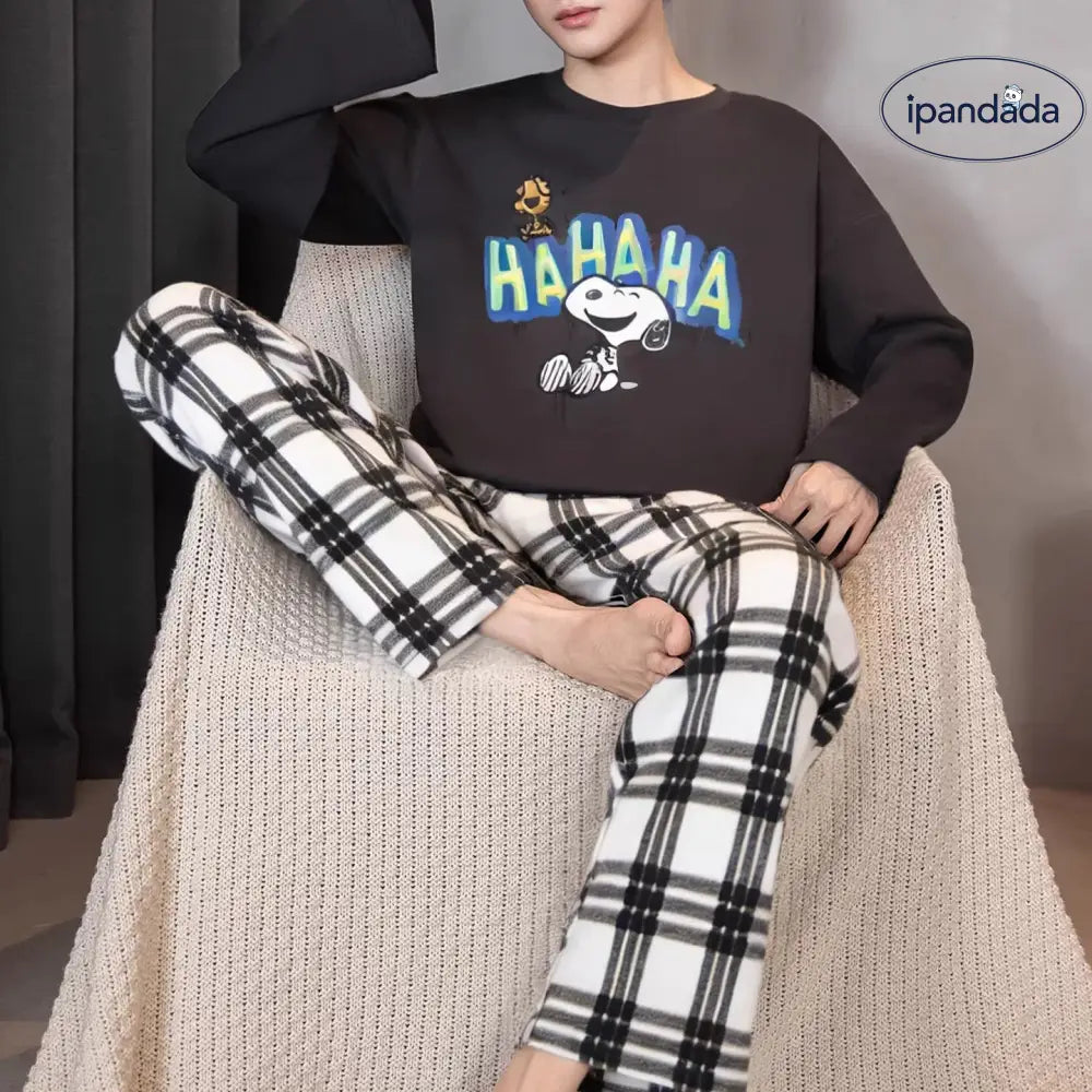 メンズ キャラクター パジャマ セット 春秋 長袖 チェックパンツ クルーネック ルームウェア ティーン ジュニア ゆったり 2点セット 部屋着 ID4187