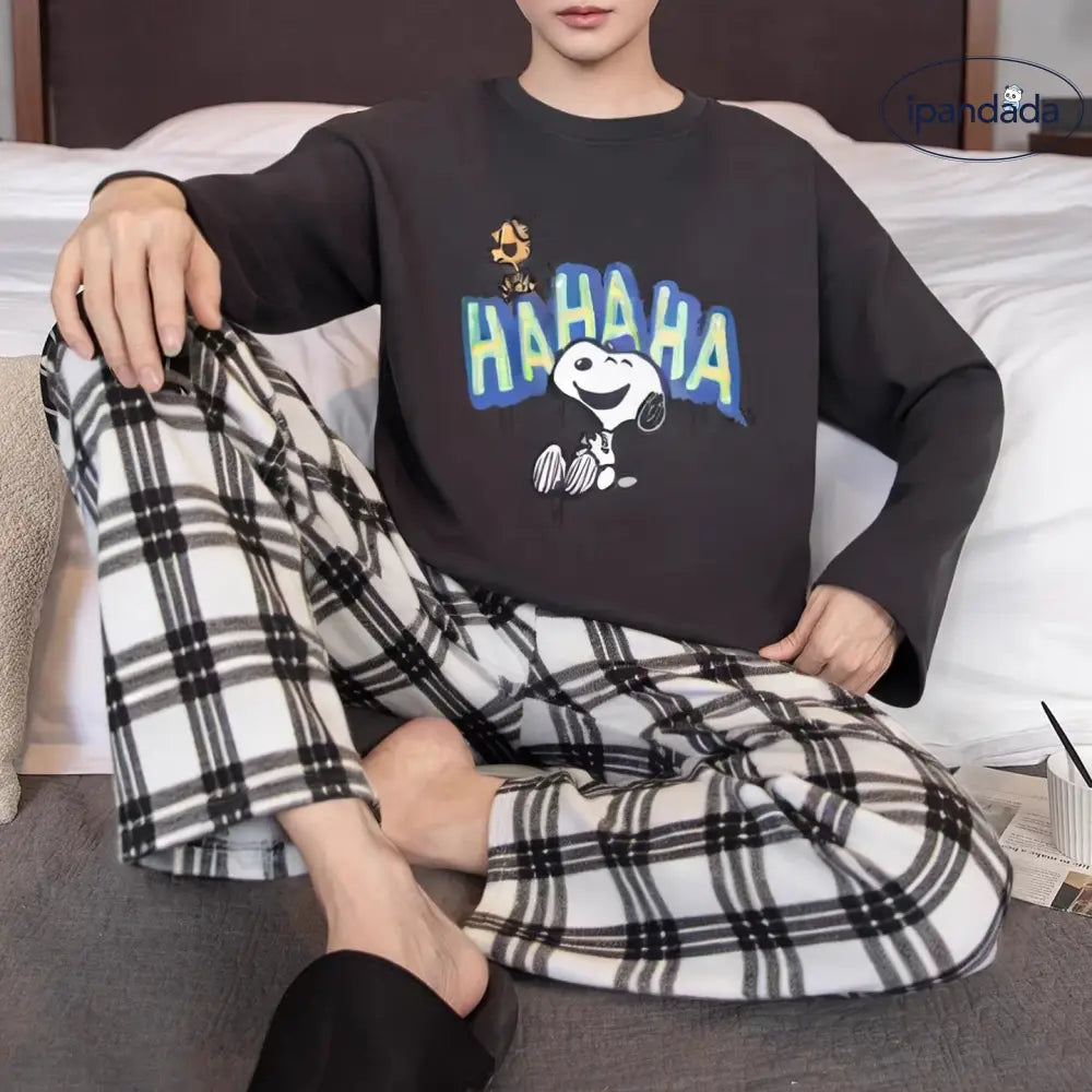 メンズ キャラクター パジャマ セット 春秋 長袖 チェックパンツ クルーネック ルームウェア ティーン ジュニア ゆったり 2点セット 部屋着 ID4187