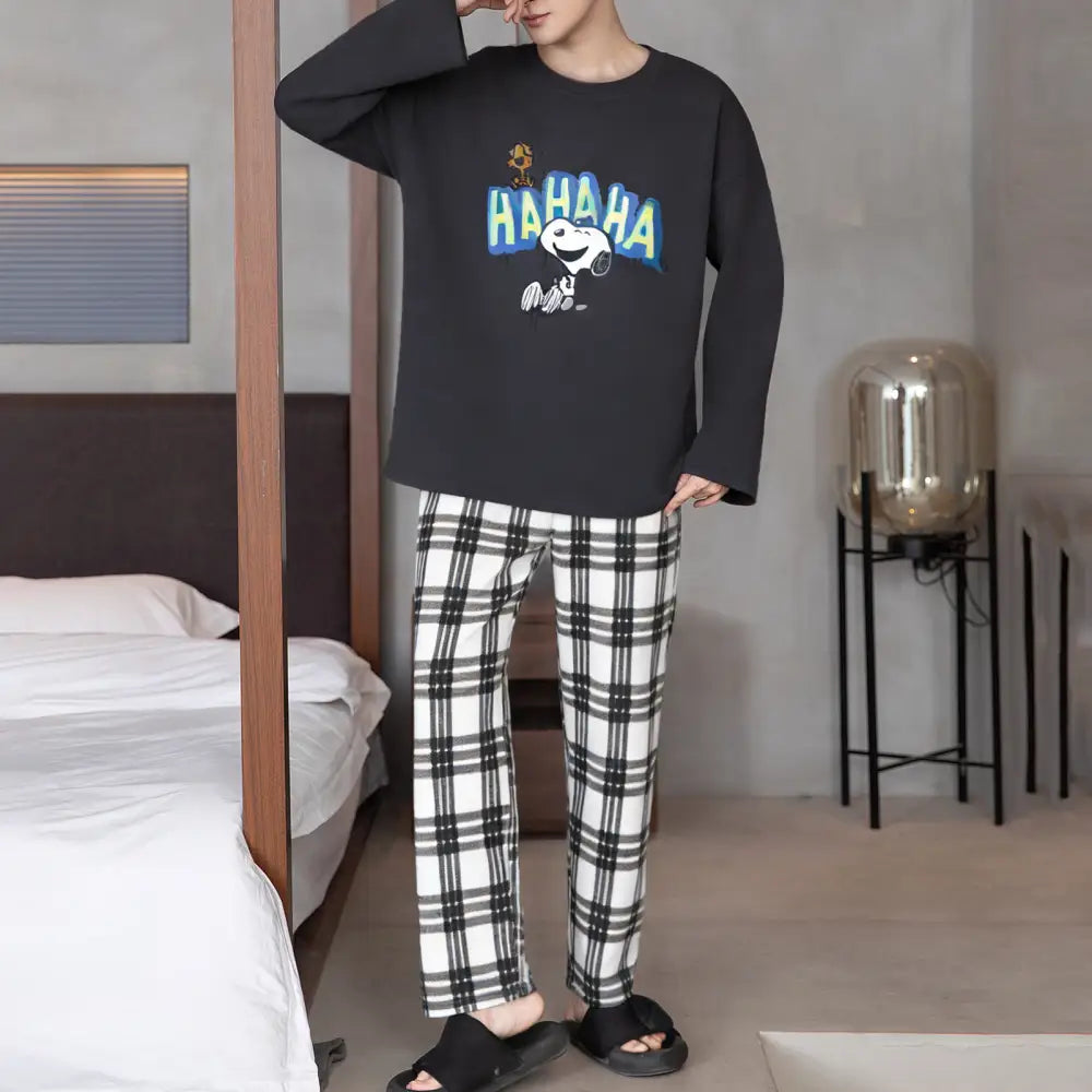 メンズ キャラクター パジャマ セット 春秋 長袖 チェックパンツ クルーネック ルームウェア ティーン ジュニア ゆったり 2点セット 部屋着 ID4187 写真通り / L
