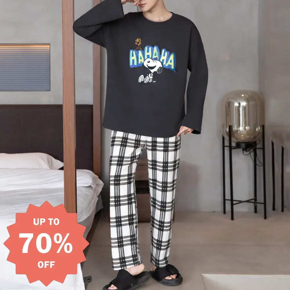 メンズ キャラクター パジャマ セット 春秋 長袖 チェックパンツ クルーネック ルームウェア ティーン ジュニア ゆったり 2点セット 部屋着 ID4187 写真通り / L