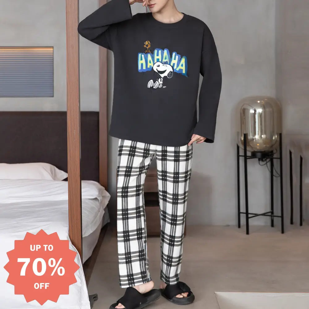 メンズ キャラクター パジャマ セット 春秋 長袖 チェックパンツ クルーネック ルームウェア ティーン ジュニア ゆったり 2点セット 部屋着 ID4187 写真通り / L