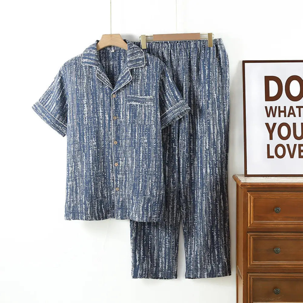 ID694 メンズ 綿 二重ガーゼ パジャマ 夏 薄手 半袖 ロングパンツ セット シンプル ルームウェア 外出 可 ゆったり 吸汗 速乾 無地 2点セット ストライプ柄 / M メンズ＞セットアップ