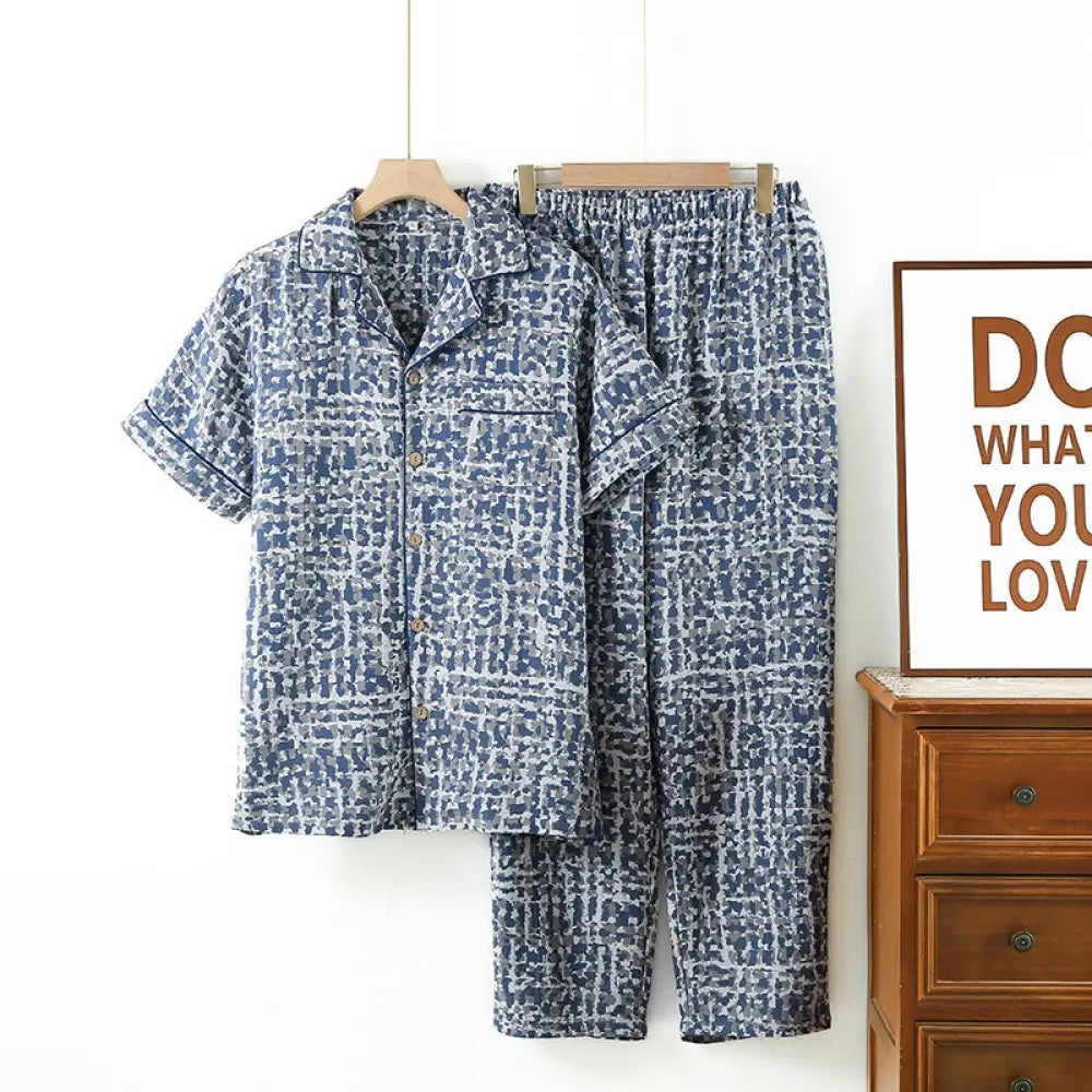 ID694 メンズ 綿 二重ガーゼ パジャマ 夏 薄手 半袖 ロングパンツ セット シンプル ルームウェア 外出 可 ゆったり 吸汗 速乾 無地 2点セット チェック柄 / M メンズ＞セットアップ