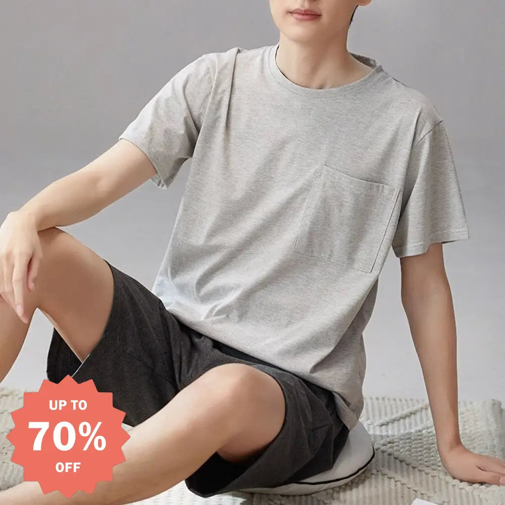ID1677 メンズ 綿 夏用 パジャマセット シンプルデザイン 半袖シャツ＆ショートパンツ お出かけにも 涼感 通気性バツグン 洗濯機OK